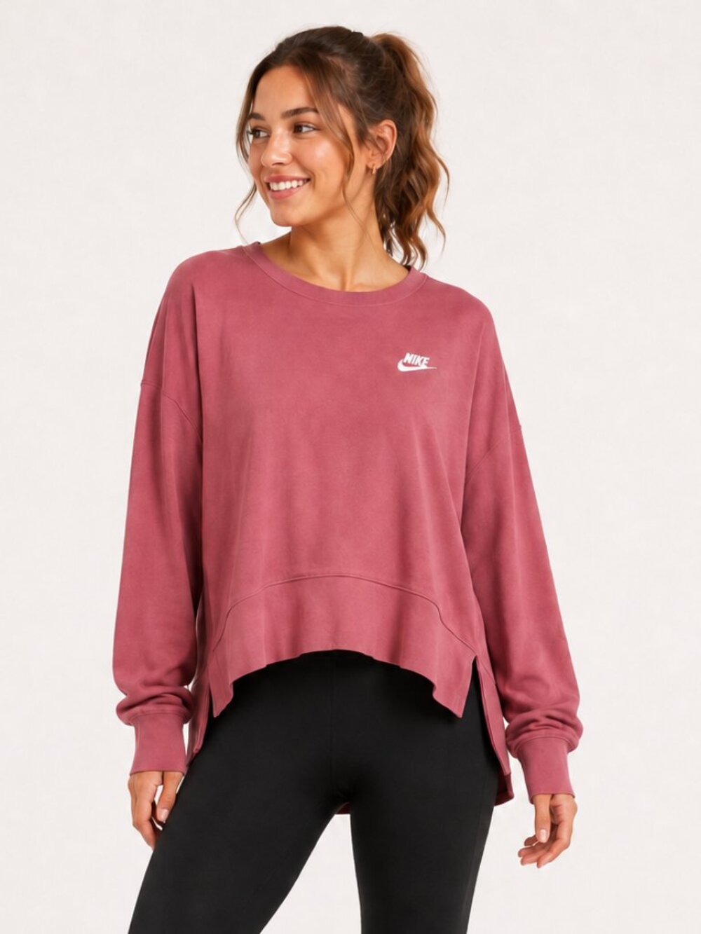 Nike Mauve Pink Relaxed Long Sleeve High Low Top Women’s Medium